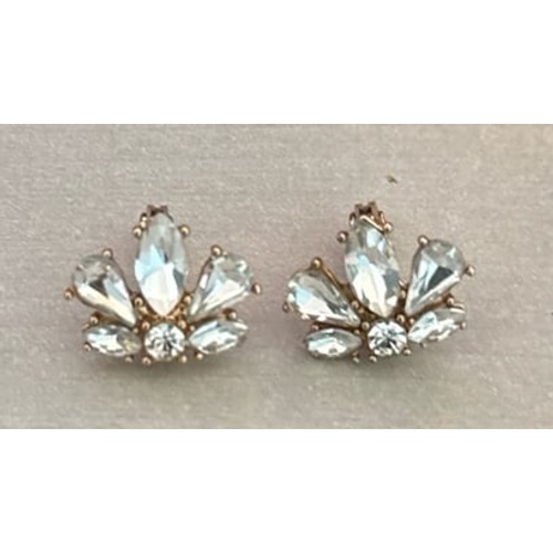 Cluster Studs Clear Crystals Fanned, Floral Silhouette Rose Gold Backing Clip-On